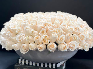 150 White Roses in a Custom Cement Tray