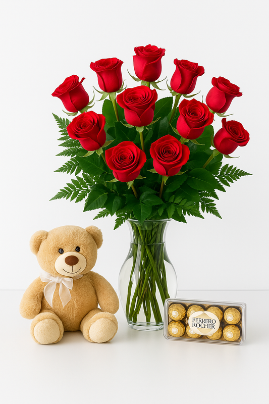 The Sweet Dozen – Roses, Bear & Chocolates
