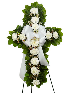 White Flower Sympathy Standing Cross - Box Roses | Florist
